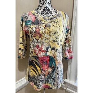 ONQUE CASUALS WOMENS TOP Sz Small All Over Print Leopard Floral Studded Y2K